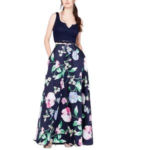 City Studio Navy Floral Two Piece Prom Dress (size 1)